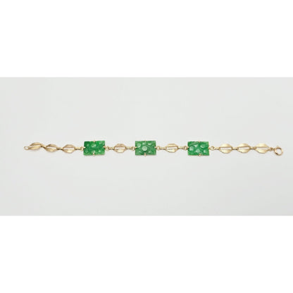 14K Yellow Gold Green Jadeite Jade Link Bracelet