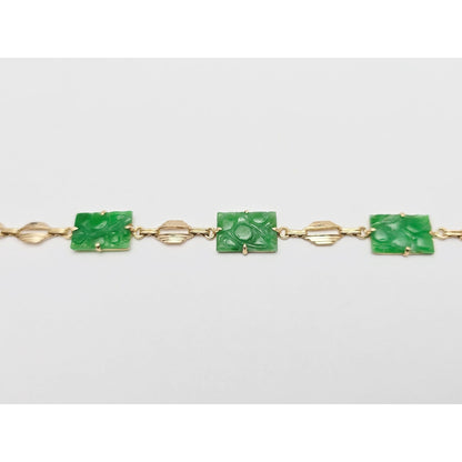 14K Yellow Gold Green Jadeite Jade Link Bracelet