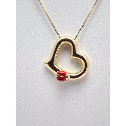 14K Yellow Gold Open Heart Ladybug Box Link Chain Necklace