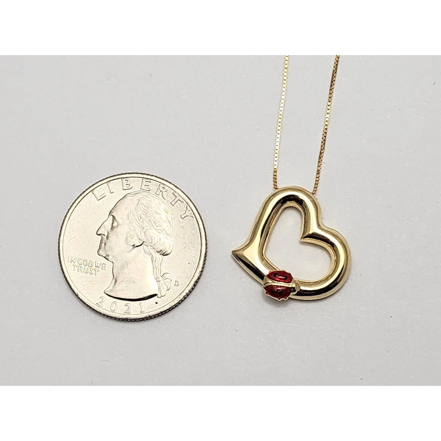 14K Yellow Gold Open Heart Ladybug Box Link Chain Necklace