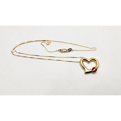 14K Yellow Gold Open Heart Ladybug Box Link Chain Necklace