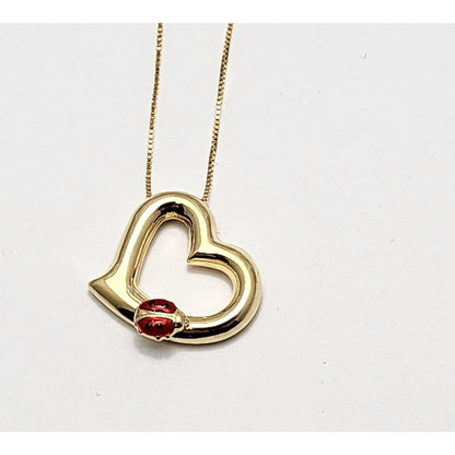 14K Yellow Gold Open Heart Ladybug Box Link Chain Necklace