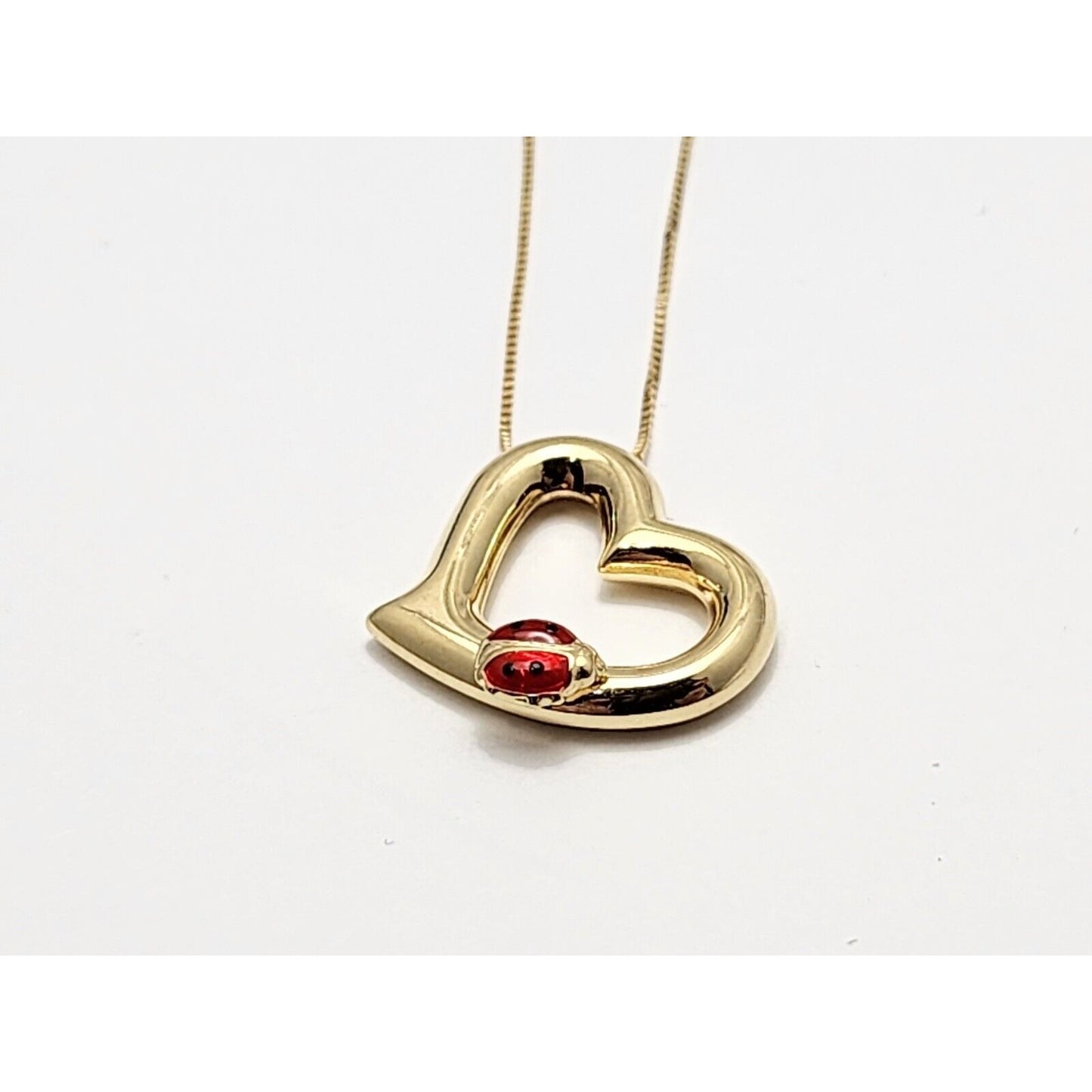 14K Yellow Gold Open Heart Ladybug Box Link Chain Necklace