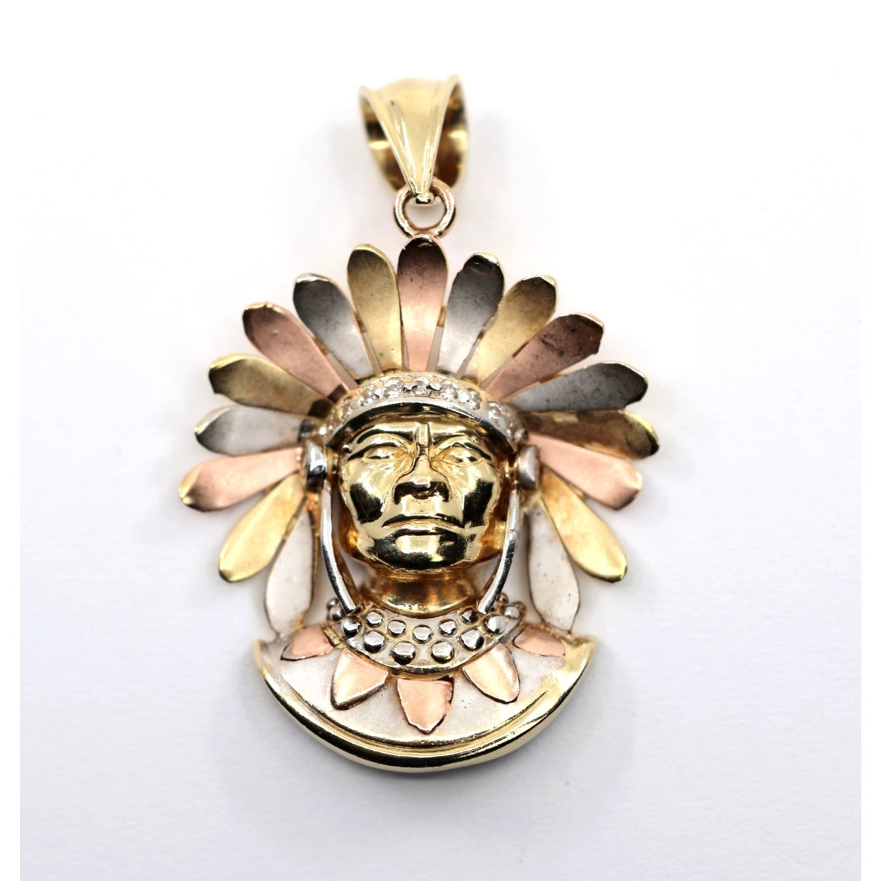 14K Tri Tone Gold Native American Indian Chief Head CZ Charm Pendant