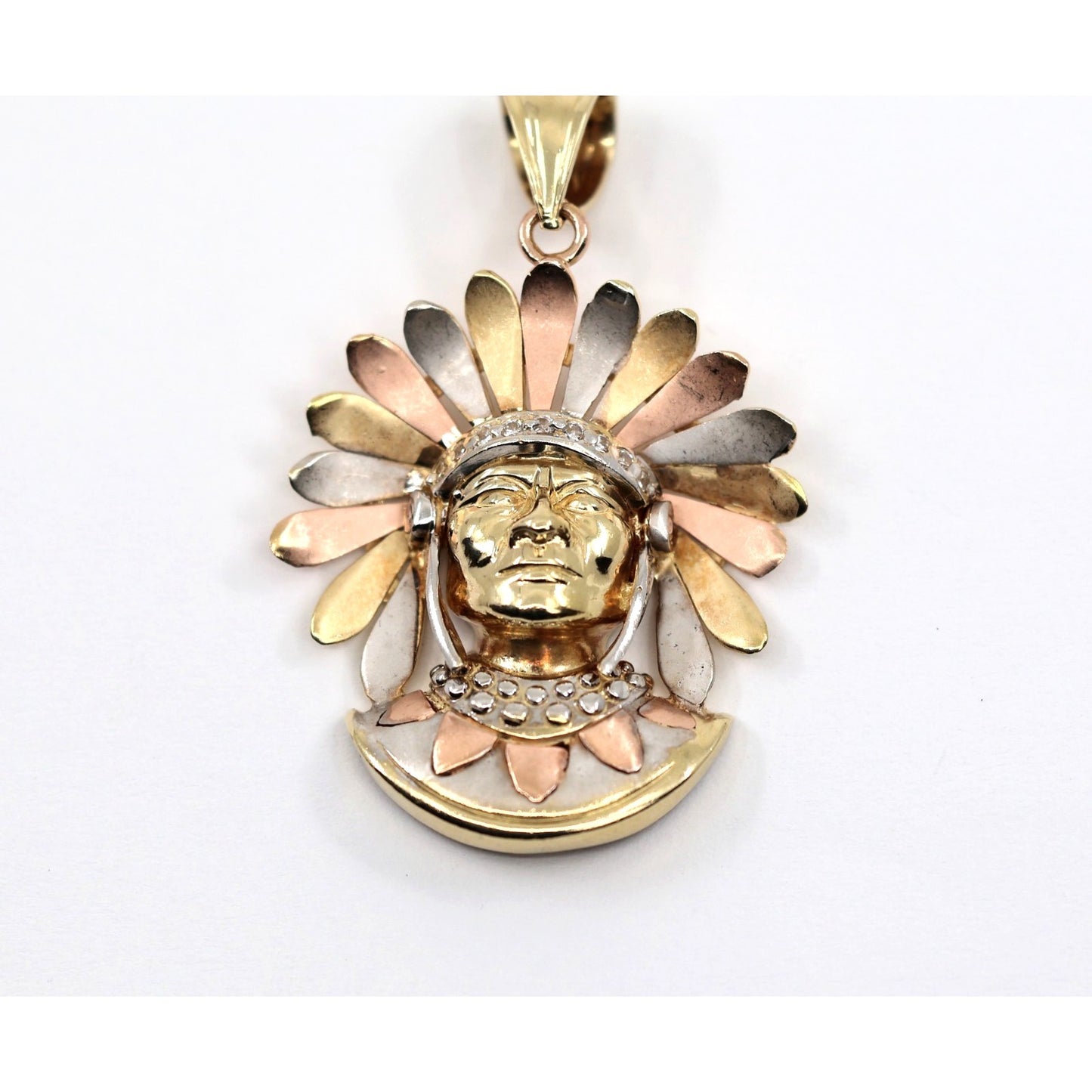 14K Tri Tone Gold Native American Indian Chief Head CZ Charm Pendant