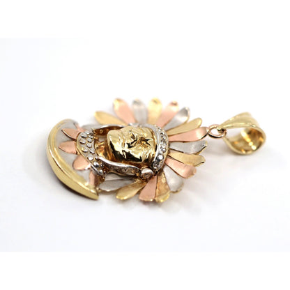 14K Tri Tone Gold Native American Indian Chief Head CZ Charm Pendant