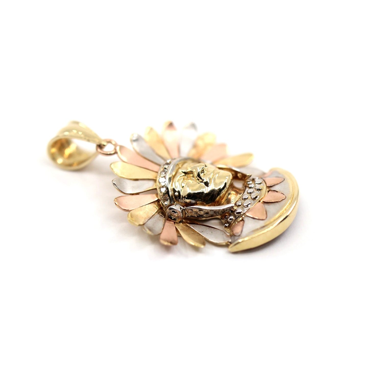 14K Tri Tone Gold Native American Indian Chief Head CZ Charm Pendant