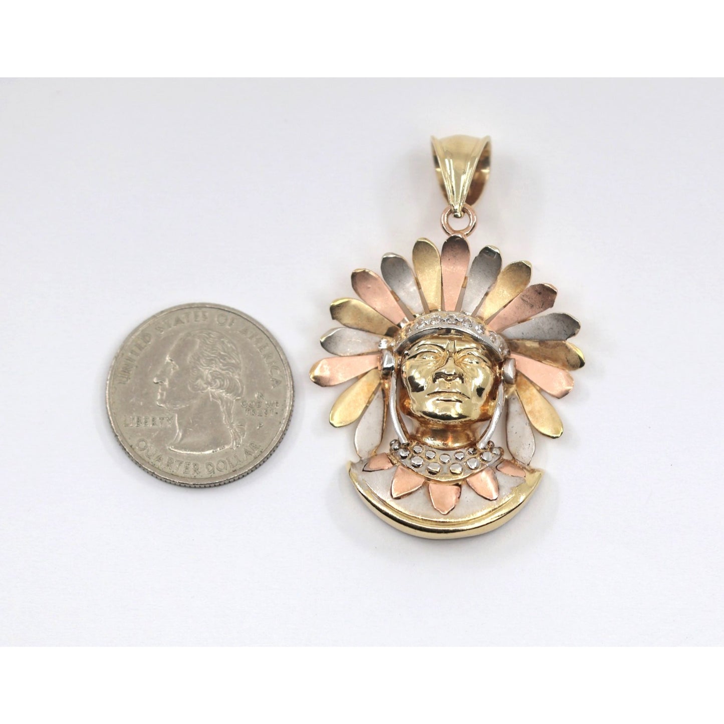 14K Tri Tone Gold Native American Indian Chief Head CZ Charm Pendant