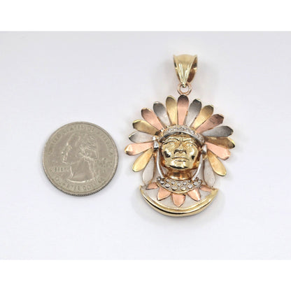 14K Tri Tone Gold Native American Indian Chief Head CZ Charm Pendant