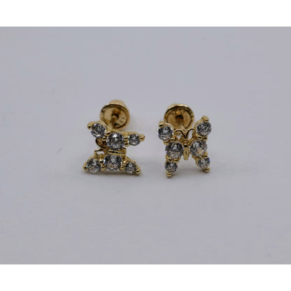 14K Yellow Gold Butterfly Screw back Baby Stud CZ Earrings