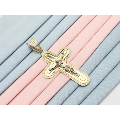 14K Two Tone Gold Jesus on Cross CZ Charm Pendant