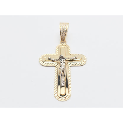14K Two Tone Gold Jesus on Cross CZ Charm Pendant