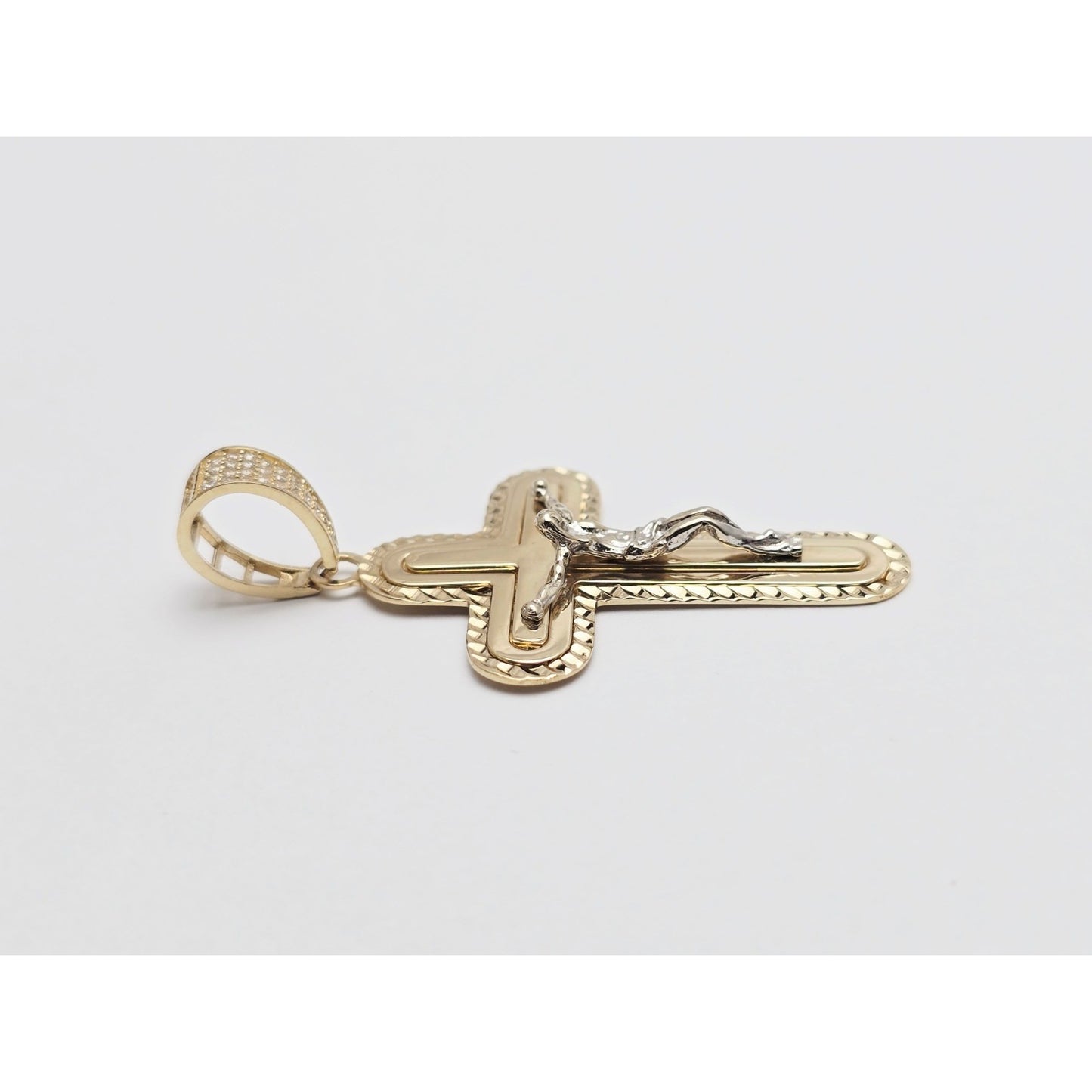 14K Two Tone Gold Jesus on Cross CZ Charm Pendant