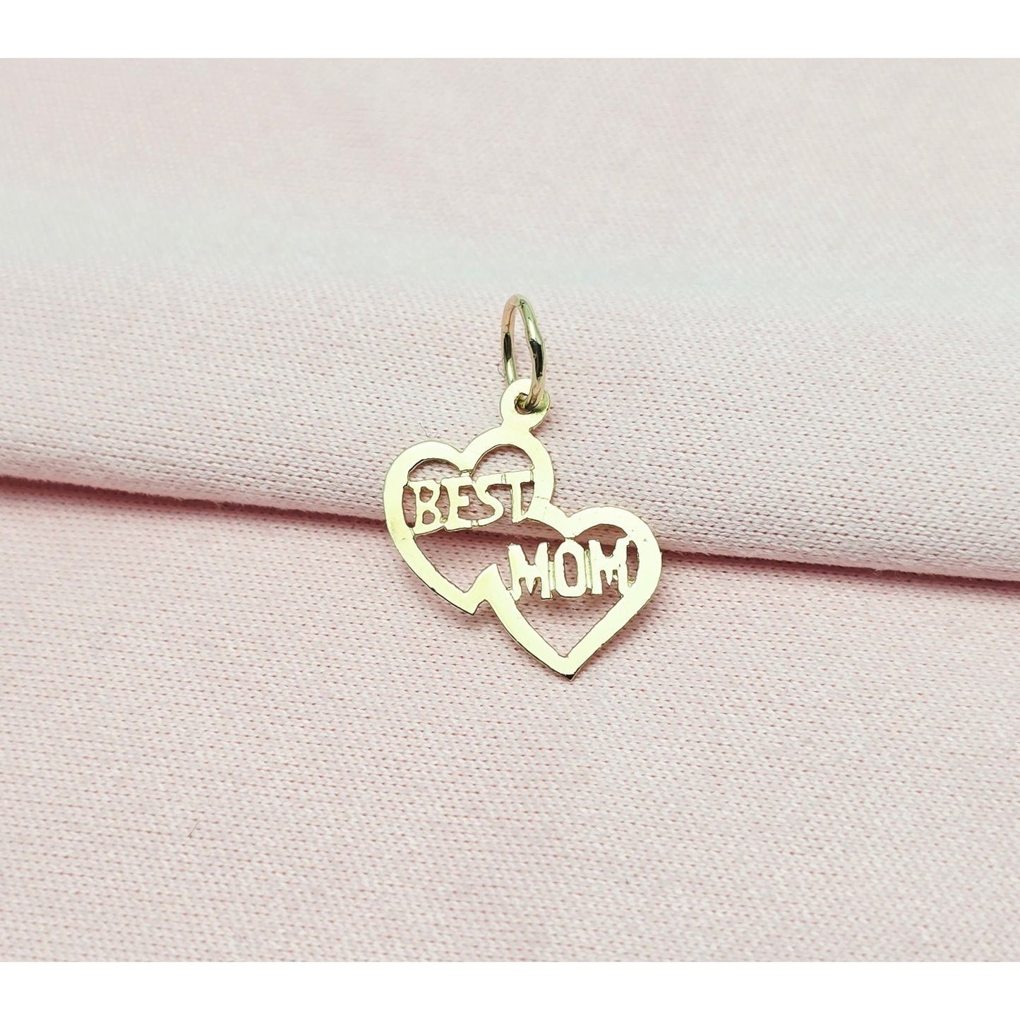 14K Yellow Gold Initial Best Mom Double Heart Charm Pendant