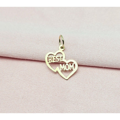 14K Yellow Gold Initial Best Mom Double Heart Charm Pendant