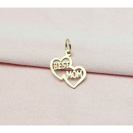 14K Yellow Gold Initial Best Mom Double Heart Charm Pendant