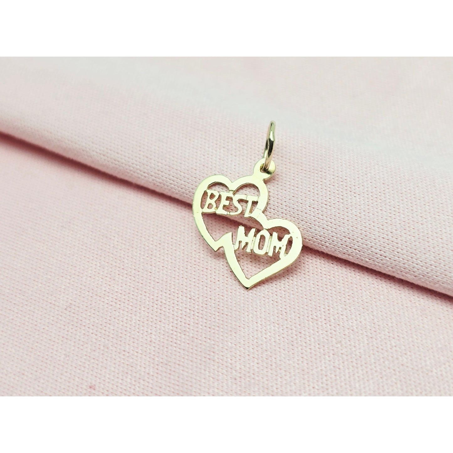 14K Yellow Gold Initial Best Mom Double Heart Charm Pendant