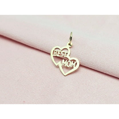 14K Yellow Gold Initial Best Mom Double Heart Charm Pendant