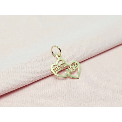 14K Yellow Gold Initial Best Mom Double Heart Charm Pendant