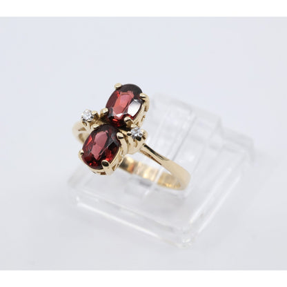 13K Yellow Gold Double Oval Red Garnet Diamond Accent Cocktail Ring