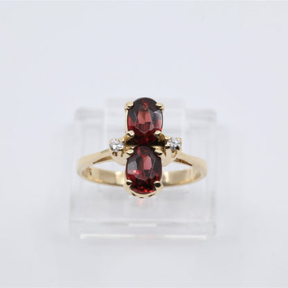 13K Yellow Gold Double Oval Red Garnet Diamond Accent Cocktail Ring
