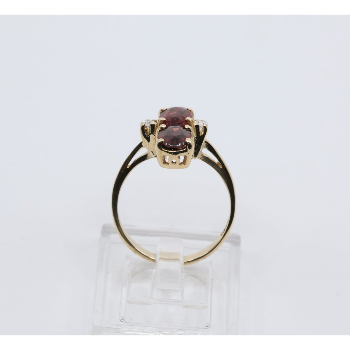 13K Yellow Gold Double Oval Red Garnet Diamond Accent Cocktail Ring