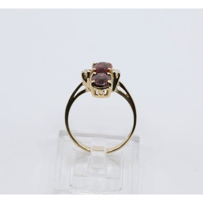 13K Yellow Gold Double Oval Red Garnet Diamond Accent Cocktail Ring