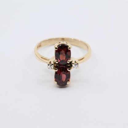 13K Yellow Gold Double Oval Red Garnet Diamond Accent Cocktail Ring