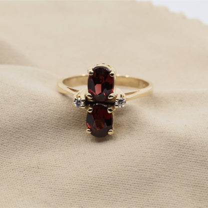 13K Yellow Gold Double Oval Red Garnet Diamond Accent Cocktail Ring