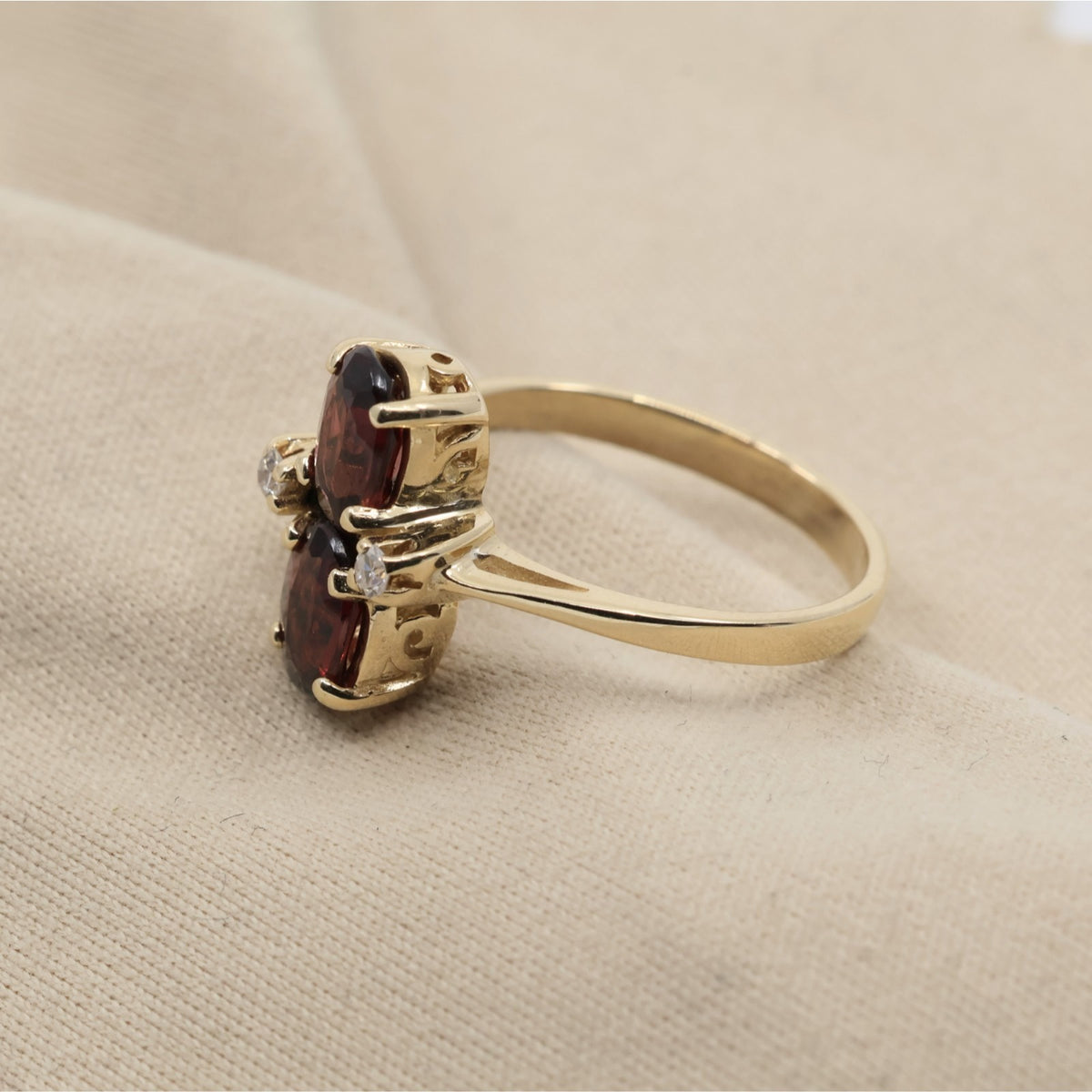 13K Yellow Gold Double Oval Red Garnet Diamond Accent Cocktail Ring