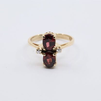 13K Yellow Gold Double Oval Red Garnet Diamond Accent Cocktail Ring