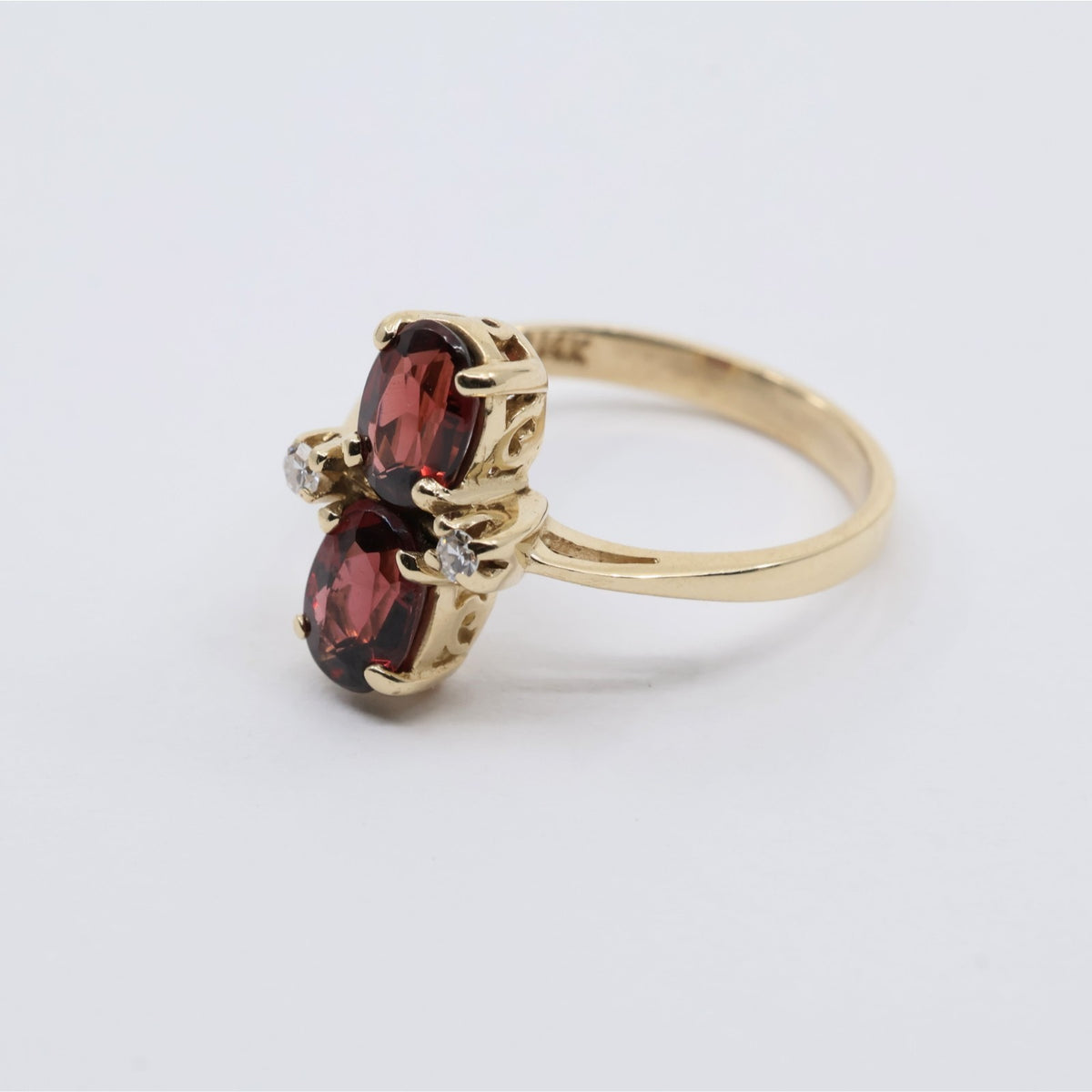 13K Yellow Gold Double Oval Red Garnet Diamond Accent Cocktail Ring