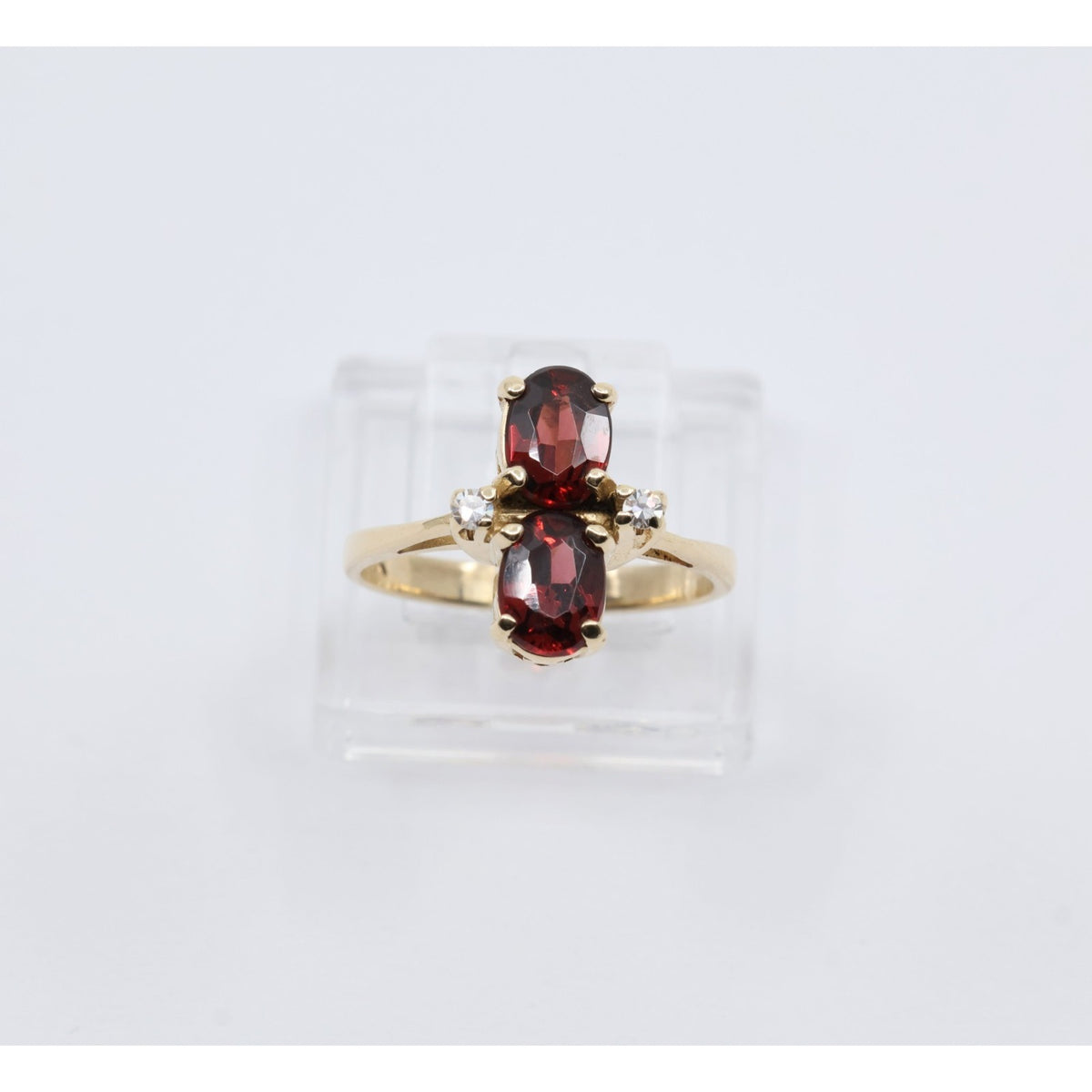 13K Yellow Gold Double Oval Red Garnet Diamond Accent Cocktail Ring