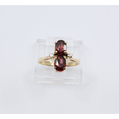 13K Yellow Gold Double Oval Red Garnet Diamond Accent Cocktail Ring