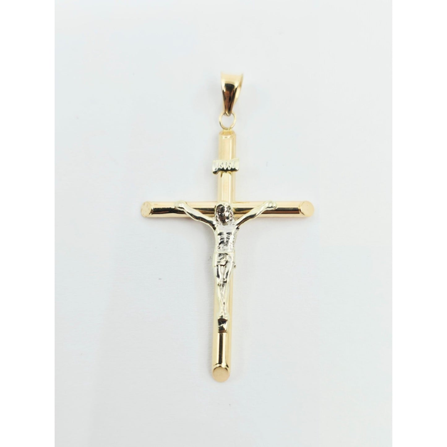 14K Two Tone Gold Jesus on Tube Cross Charm Pendant