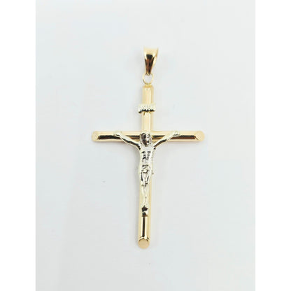 14K Two Tone Gold Jesus on Tube Cross Charm Pendant