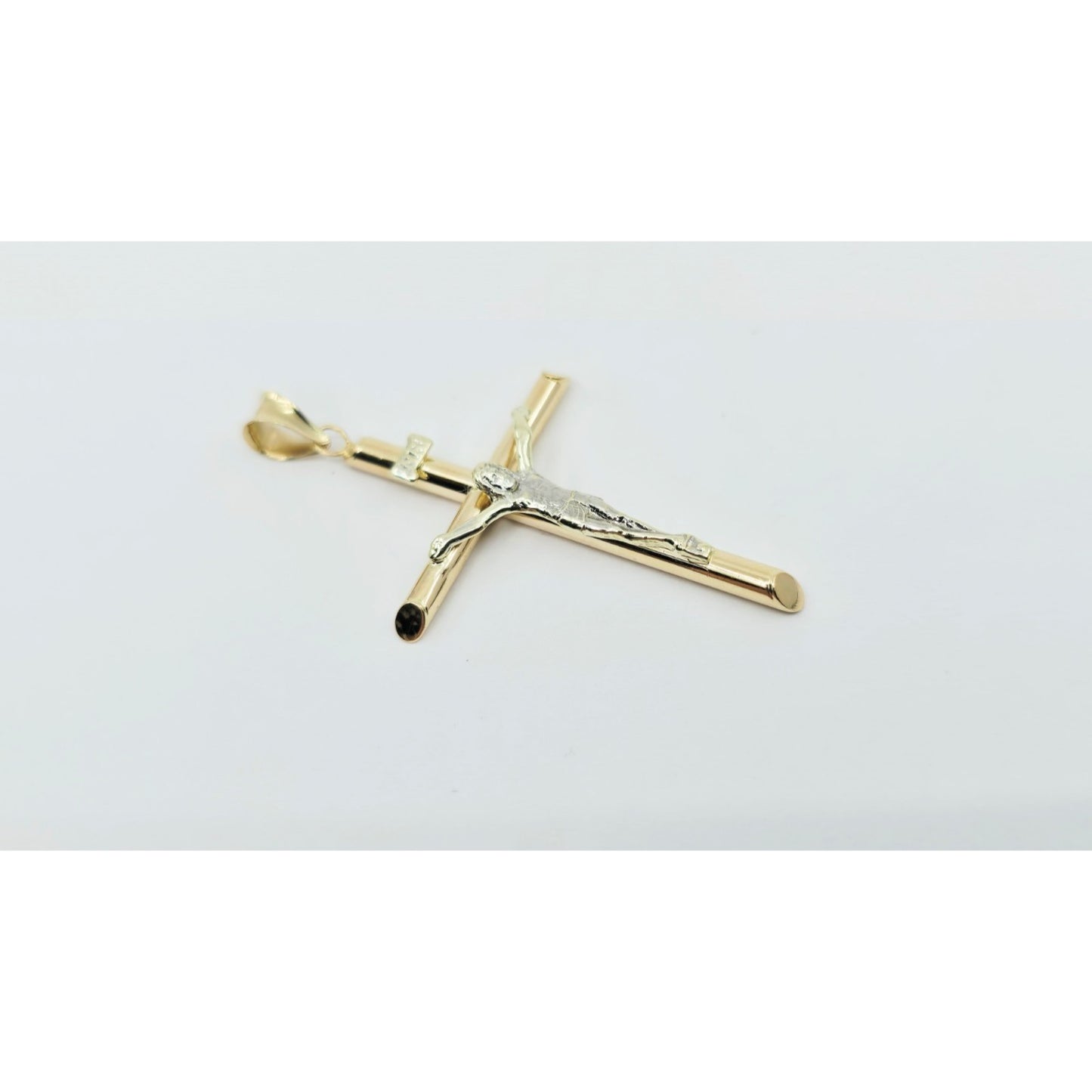 14K Two Tone Gold Jesus on Tube Cross Charm Pendant