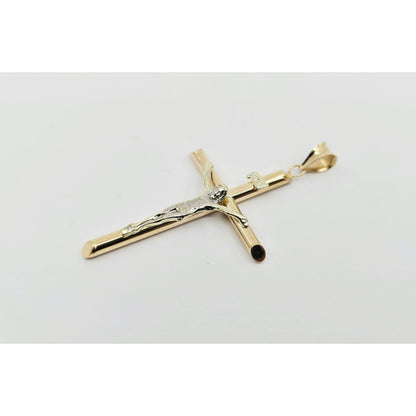 14K Two Tone Gold Jesus on Tube Cross Charm Pendant