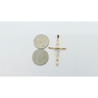 14K Two Tone Gold Jesus on Tube Cross Charm Pendant