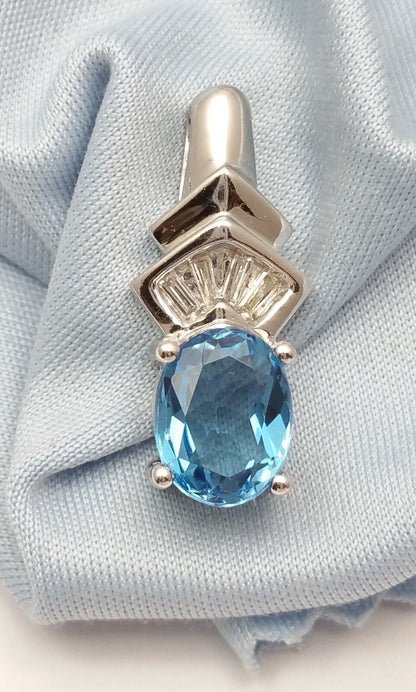 14K Solid White Gold Blue Topaz & Diamond Charm Pendant