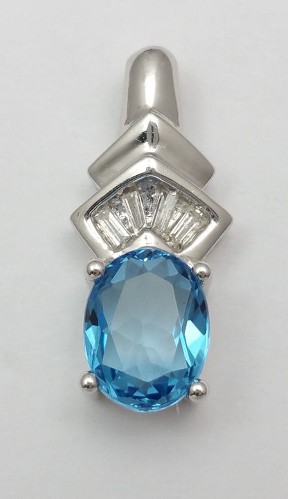 14K Solid White Gold Blue Topaz & Diamond Charm Pendant