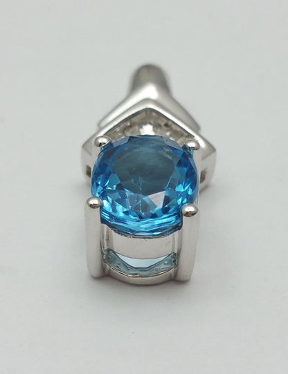 14K Solid White Gold Blue Topaz & Diamond Charm Pendant