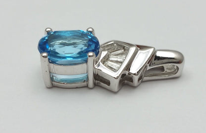 14K Solid White Gold Blue Topaz & Diamond Charm Pendant