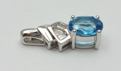 14K Solid White Gold Blue Topaz & Diamond Charm Pendant