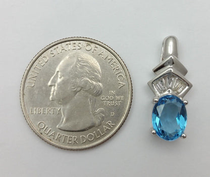 14K Solid White Gold Blue Topaz & Diamond Charm Pendant