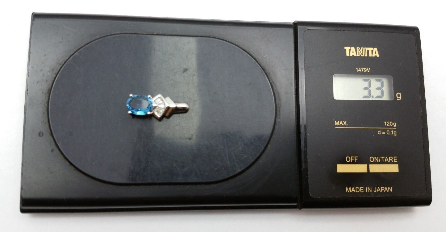 14K Solid White Gold Blue Topaz & Diamond Charm Pendant