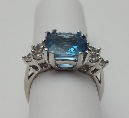 10K White Gold Blue Topaz & Cubic Zirconia Ring