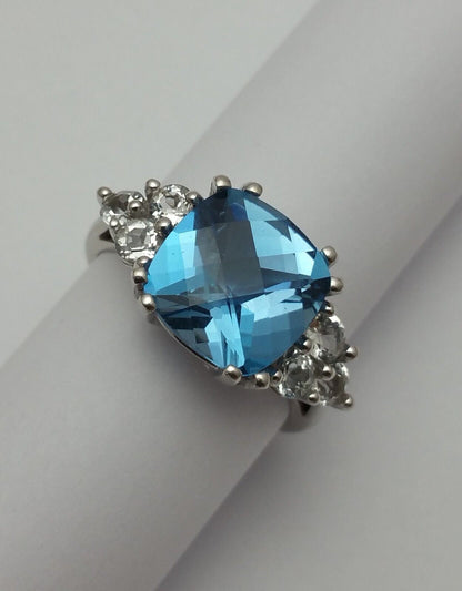 10K White Gold Blue Topaz & Cubic Zirconia Ring