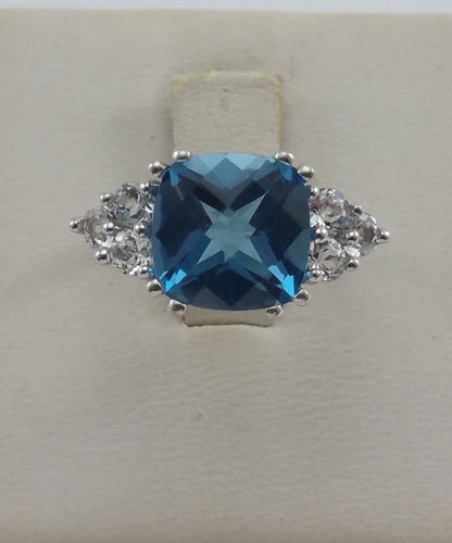 10K White Gold Blue Topaz & Cubic Zirconia Ring