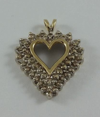 10K Solid Two Tone Gold Open Heart Diamond Pendant